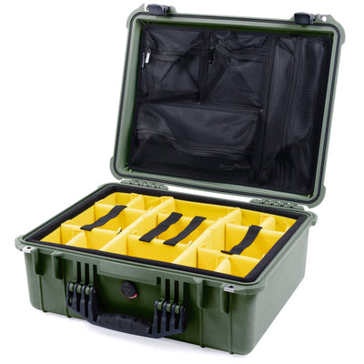 Pelican 1550 Case, OD Green with Black Handle & Latches Yellow Padded Microfiber Dividers with Mesh Lid Organizer ColorCase 015500-0110-130-110