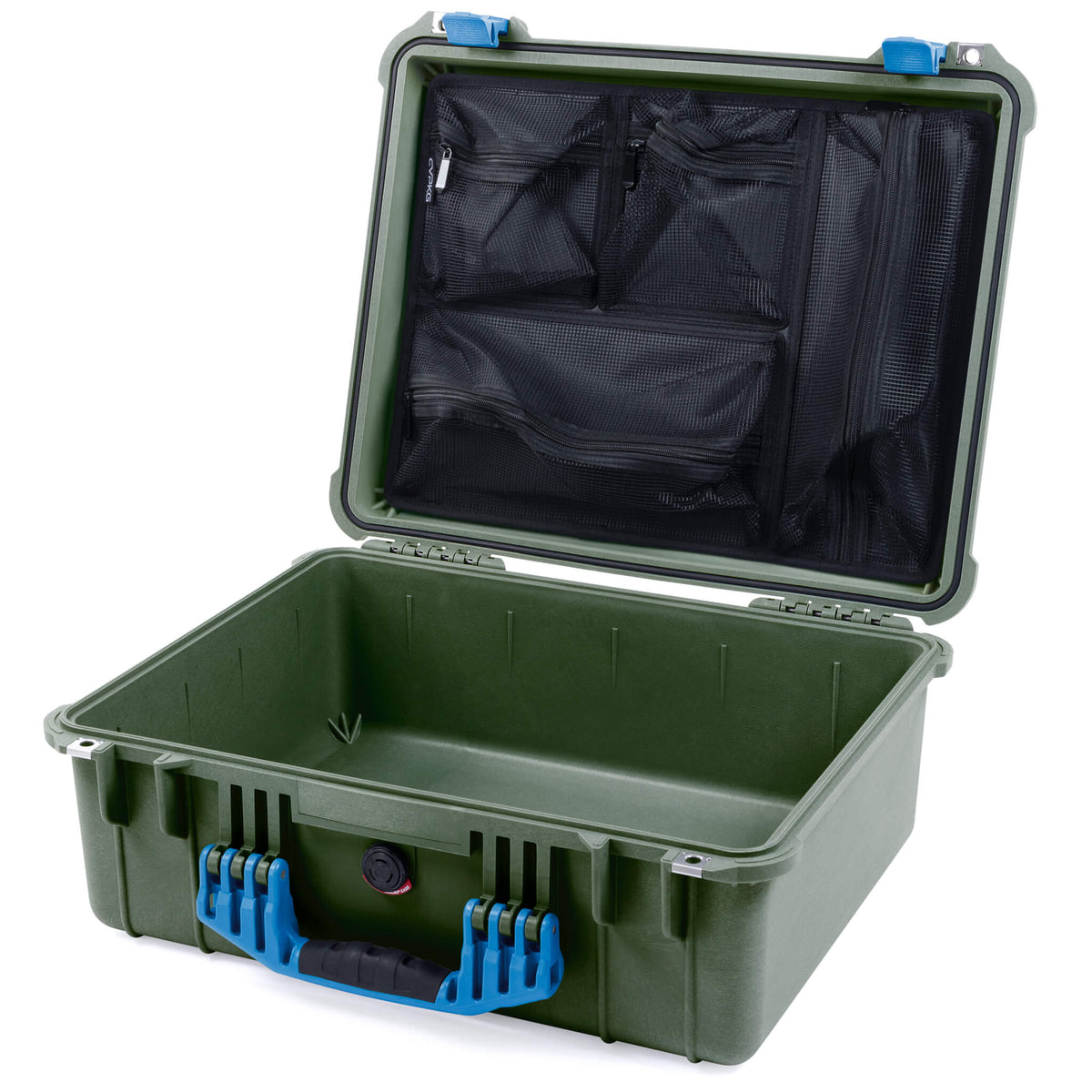 Pelican 1550 Case, OD Green with Blue Handle &amp; Latches Mesh Lid Organizer Only ColorCase 015500-0100-130-120