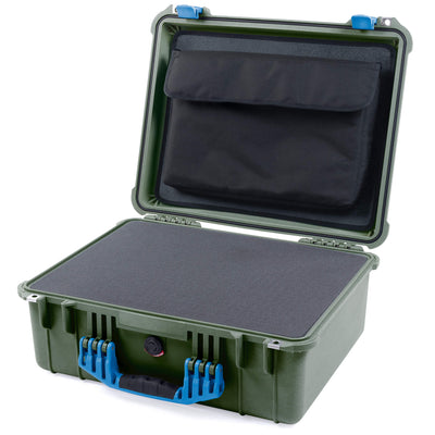Pelican 1550 Case, OD Green with Blue Handle & Latches Pick & Pluck Foam with Computer Pouch ColorCase 015500-0201-130-120