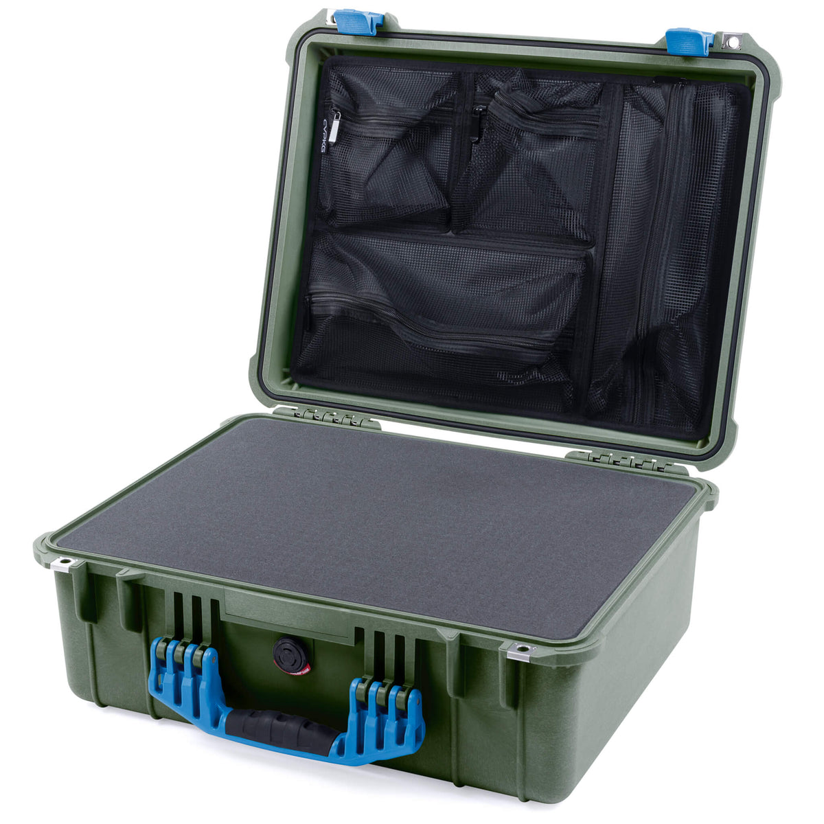 Pelican 1550 Case, OD Green with Blue Handle &amp; Latches Pick &amp; Pluck Foam with Mesh Lid Organizer ColorCase 015500-0101-130-120