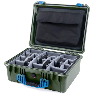 Pelican 1550 Case, OD Green with Blue Handle & Latches Gray Padded Microfiber Dividers with Computer Pouch ColorCase 015500-0270-130-120