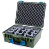Pelican 1550 Case, OD Green with Blue Handle & Latches Gray Padded Microfiber Dividers with Convolute Lid Foam ColorCase 015500-0070-130-120