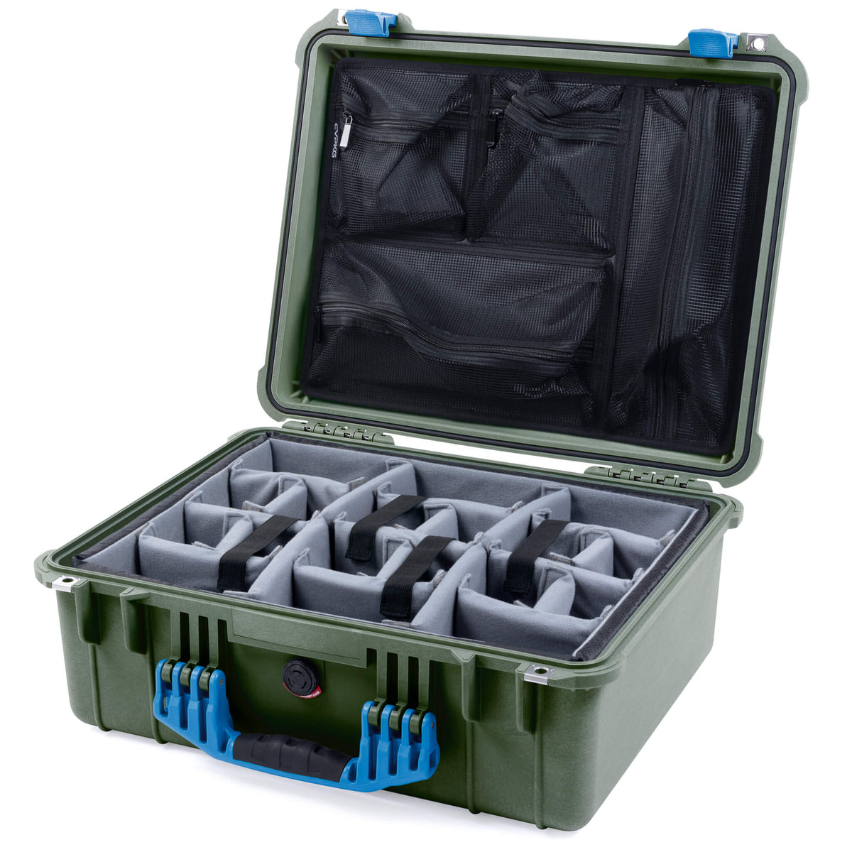Pelican 1550 Case, OD Green with Blue Handle &amp; Latches Gray Padded Microfiber Dividers with Mesh Lid Organizer ColorCase 015500-0170-130-120