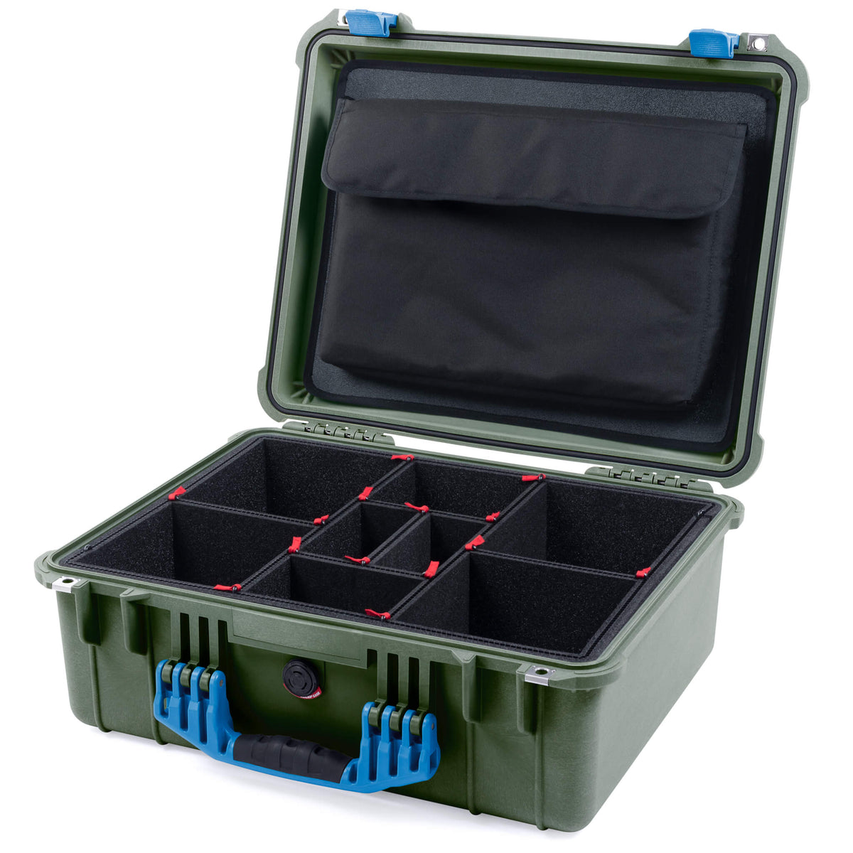 Pelican 1550 Case, OD Green with Blue Handle &amp; Latches TrekPak Divider System with Computer Pouch ColorCase 015500-0220-130-120