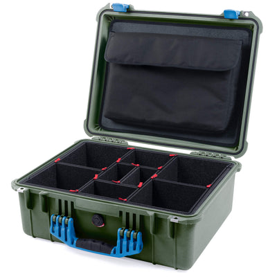 Pelican 1550 Case, OD Green with Blue Handle & Latches TrekPak Divider System with Computer Pouch ColorCase 015500-0220-130-120