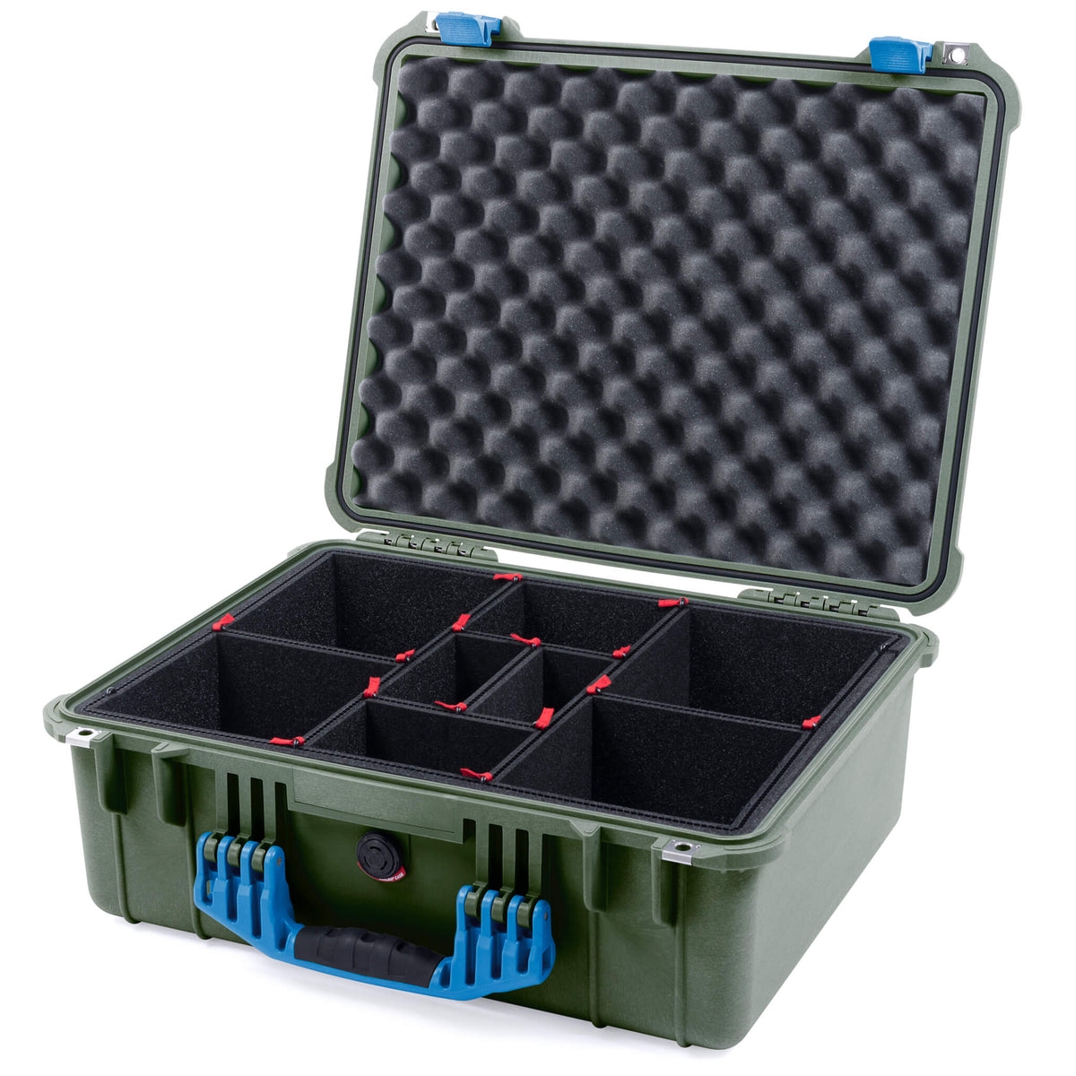 Pelican 1550 Case, OD Green with Blue Handle &amp; Latches TrekPak Divider System with Convolute Lid Foam ColorCase 015500-0020-130-120