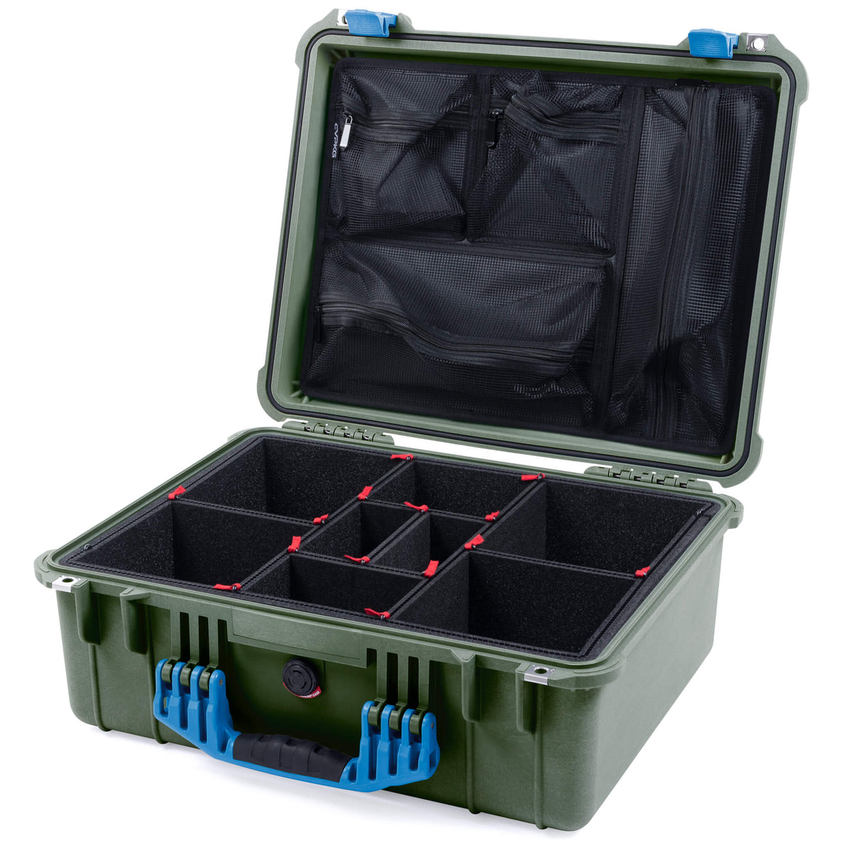 Pelican 1550 Case, OD Green with Blue Handle &amp; Latches TrekPak Divider System with Mesh Lid Organizer ColorCase 015500-0120-130-120