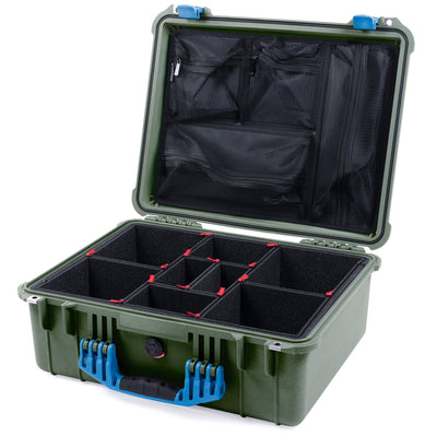 Pelican 1550 Case, OD Green with Blue Handle & Latches TrekPak Divider System with Mesh Lid Organizer ColorCase 015500-0120-130-120