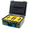 Pelican 1550 Case, OD Green with Blue Handle & Latches Yellow Padded Microfiber Dividers with Computer Pouch ColorCase 015500-0210-130-120