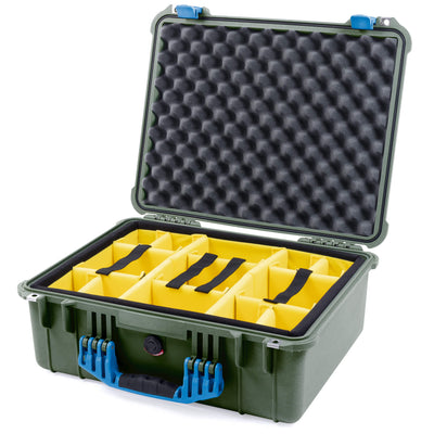 Pelican 1550 Case, OD Green with Blue Handle & Latches Yellow Padded Microfiber Dividers with Convolute Lid Foam ColorCase 015500-0010-130-120