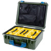 Pelican 1550 Case, OD Green with Blue Handle & Latches Yellow Padded Microfiber Dividers with Mesh Lid Organizer ColorCase 015500-0110-130-120