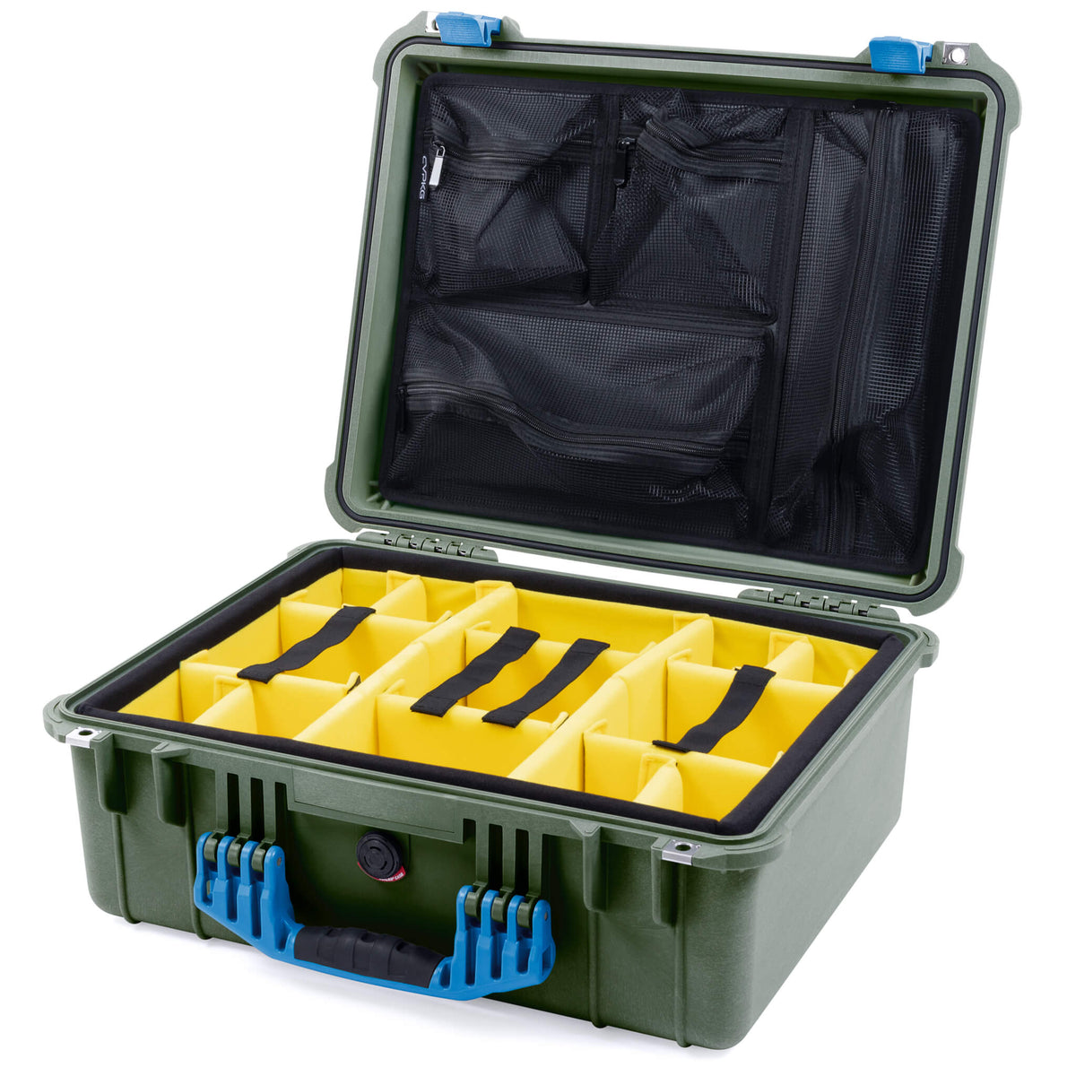 Pelican 1550 Case, OD Green with Blue Handle &amp; Latches Yellow Padded Microfiber Dividers with Mesh Lid Organizer ColorCase 015500-0110-130-120