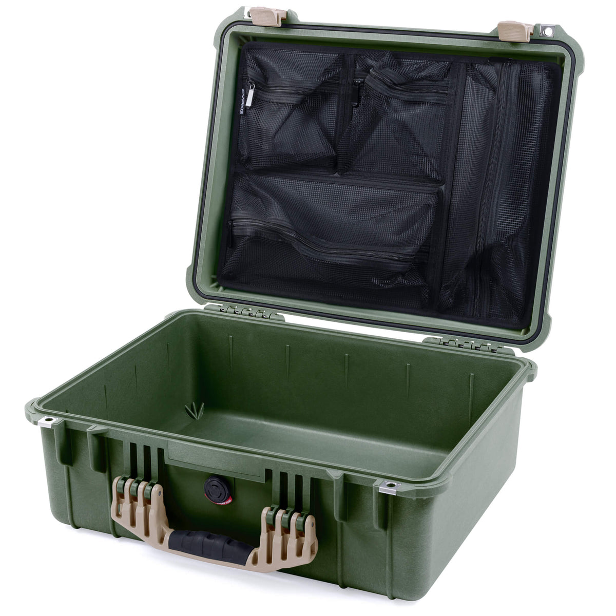 Pelican 1550 Case, OD Green with Desert Tan Handle &amp; Latches Mesh Lid Organizer Only ColorCase 015500-0100-130-310