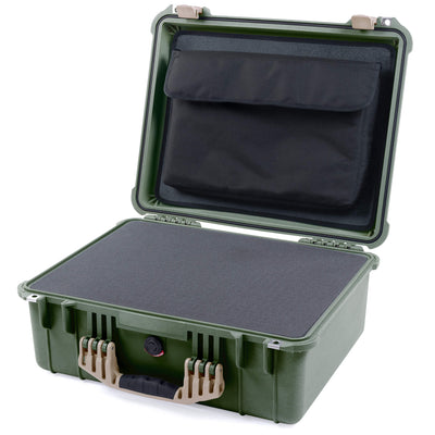 Pelican 1550 Case, OD Green with Desert Tan Handle & Latches Pick & Pluck Foam with Computer Pouch ColorCase 015500-0201-130-310