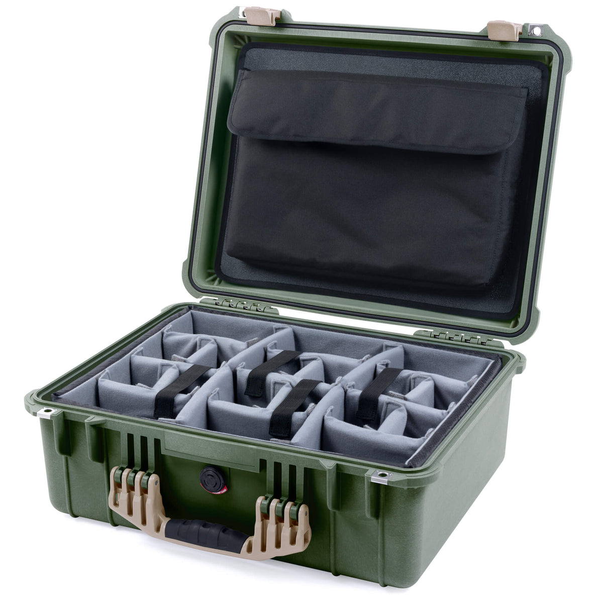 Pelican 1550 Case, OD Green with Desert Tan Handle &amp; Latches Gray Padded Microfiber Dividers with Computer Pouch ColorCase 015500-0270-130-310