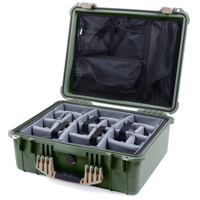 Pelican 1550 Case, OD Green with Desert Tan Handle & Latches Gray Padded Microfiber Dividers with Mesh Lid Organizer ColorCase 015500-0170-130-310