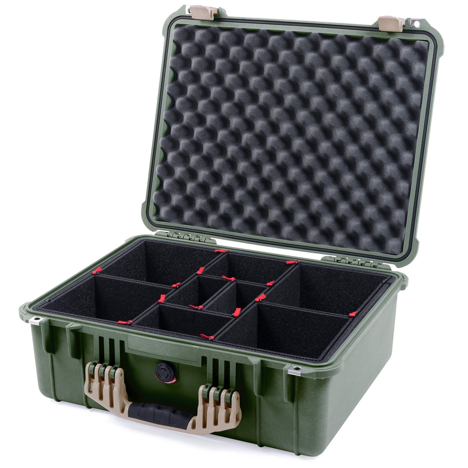 Pelican 1550 Case, OD Green with Desert Tan Handle & Latches TrekPak Divider System with Convolute Lid Foam ColorCase 015500-0020-130-310