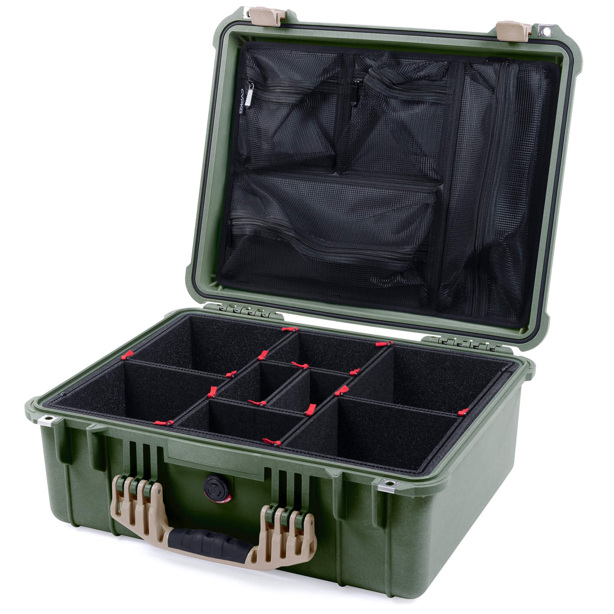 Pelican 1550 Case, OD Green with Desert Tan Handle &amp; Latches TrekPak Divider System with Mesh Lid Organizer ColorCase 015500-0120-130-310