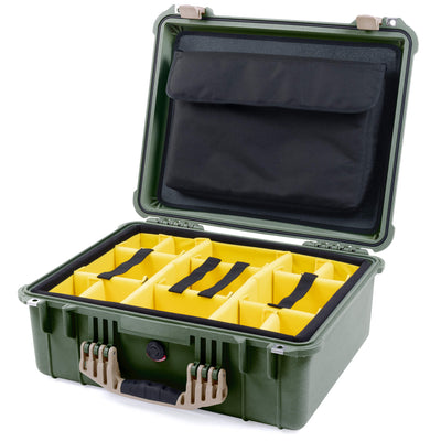 Pelican 1550 Case, OD Green with Desert Tan Handle & Latches Yellow Padded Microfiber Dividers with Computer Pouch ColorCase 015500-0210-130-310