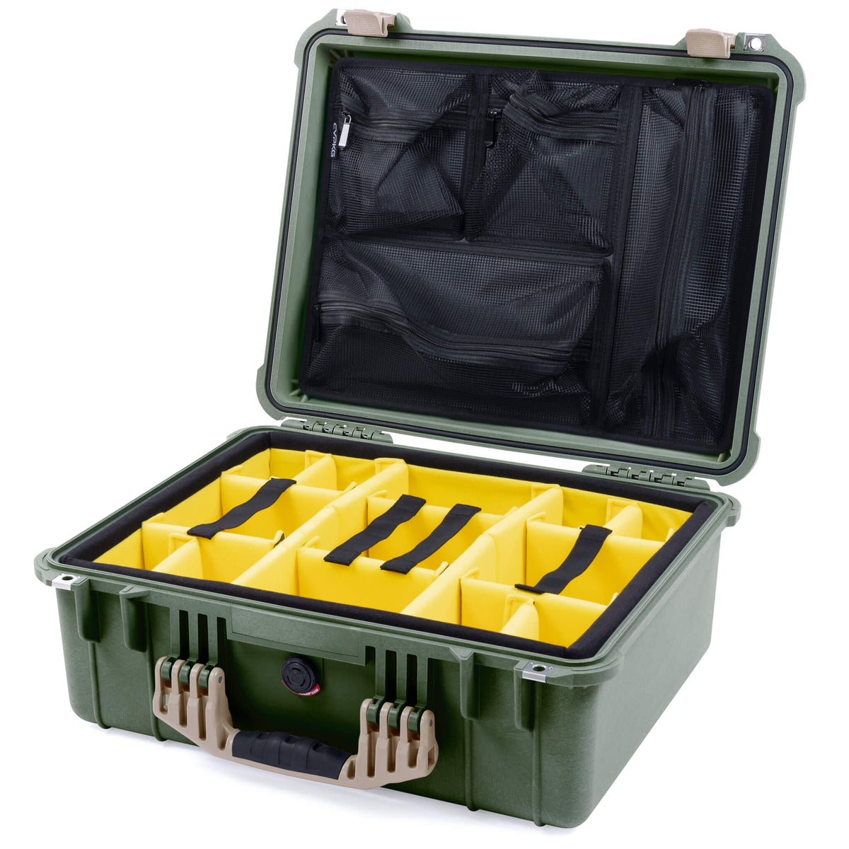 Pelican 1550 Case, OD Green with Desert Tan Handle &amp; Latches Yellow Padded Microfiber Dividers with Mesh Lid Organizer ColorCase 015500-0110-130-310