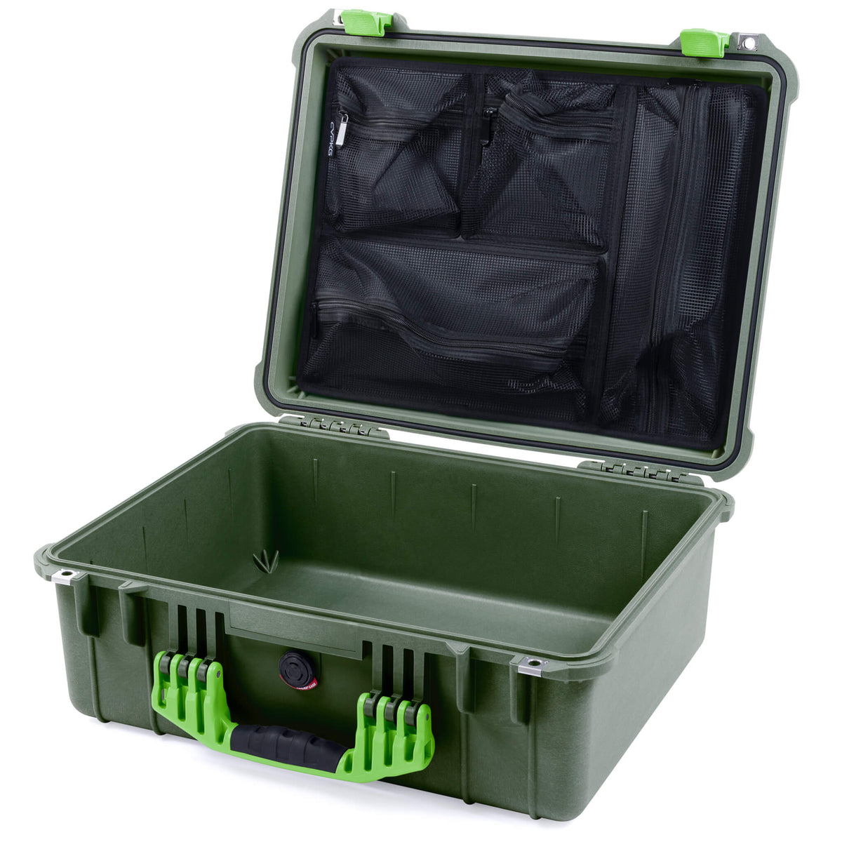 Pelican 1550 Case, OD Green with Lime Green Handle &amp; Latches Mesh Lid Organizer Only ColorCase 015500-0100-130-300