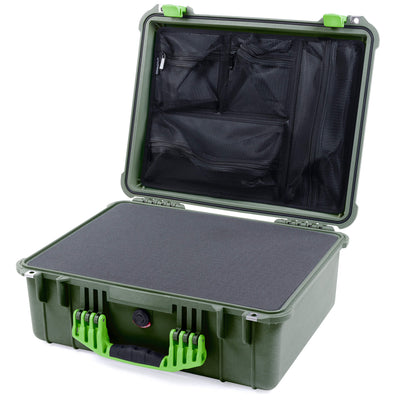 Pelican 1550 Case, OD Green with Lime Green Handle & Latches Pick & Pluck Foam with Mesh Lid Organizer ColorCase 015500-0101-130-300