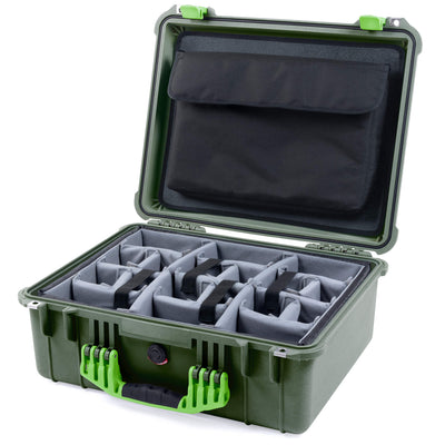 Pelican 1550 Case, OD Green with Lime Green Handle & Latches Gray Padded Microfiber Dividers with Computer Pouch ColorCase 015500-0270-130-300