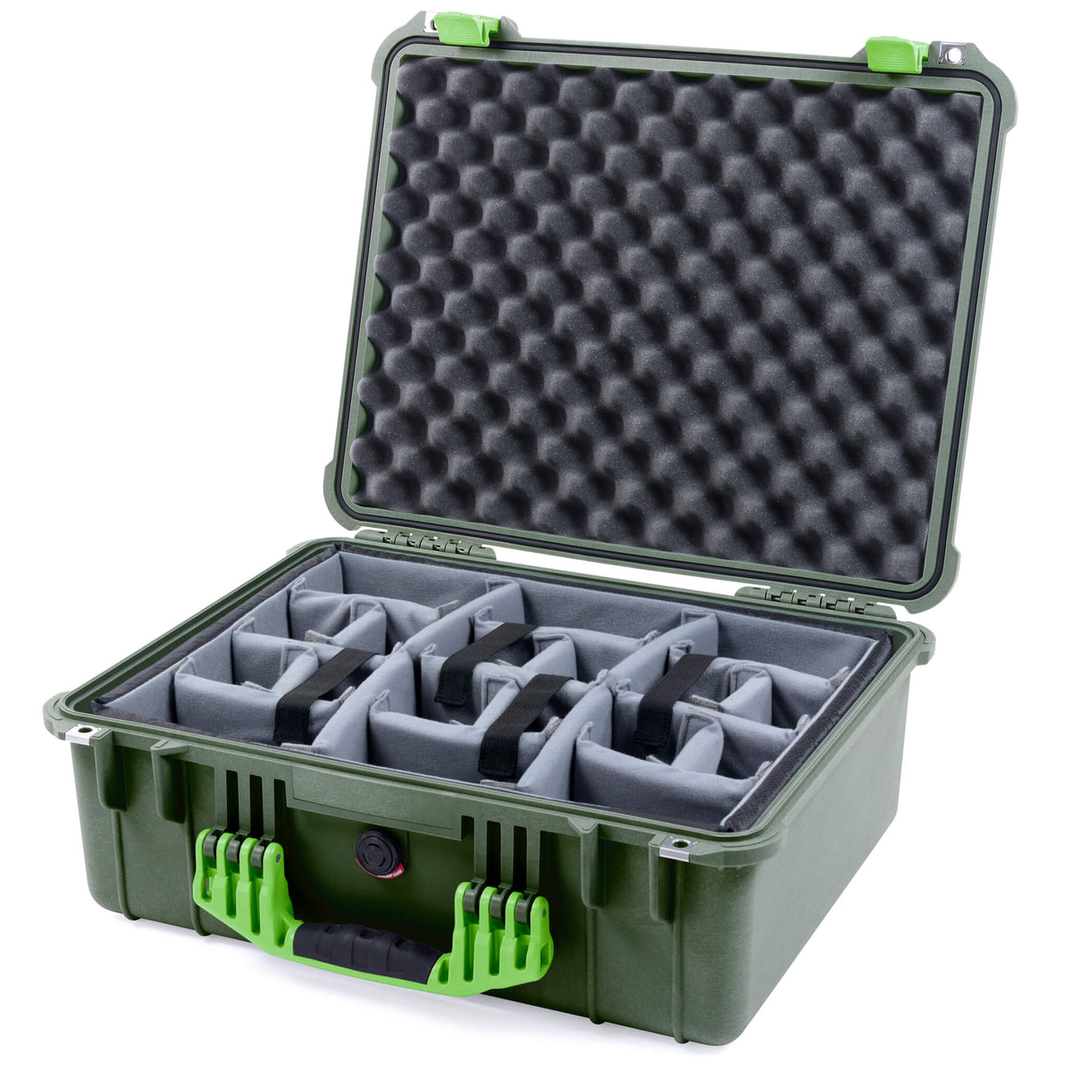 Pelican 1550 Case, OD Green with Lime Green Handle &amp; Latches Gray Padded Microfiber Dividers with Convolute Lid Foam ColorCase 015500-0070-130-300