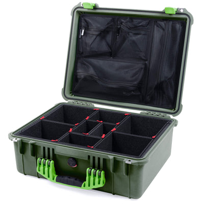 Pelican 1550 Case, OD Green with Lime Green Handle & Latches TrekPak Divider System with Mesh Lid Organizer ColorCase 015500-0120-130-300