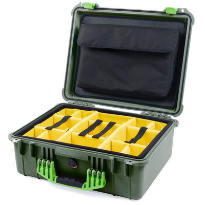 Pelican 1550 Case, OD Green with Lime Green Handle & Latches Yellow Padded Microfiber Dividers with Computer Pouch ColorCase 015500-0210-130-310