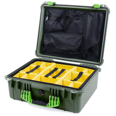 Pelican 1550 Case, OD Green with Lime Green Handle & Latches Yellow Padded Microfiber Dividers with Mesh Lid Organizer ColorCase 015500-0110-130-300