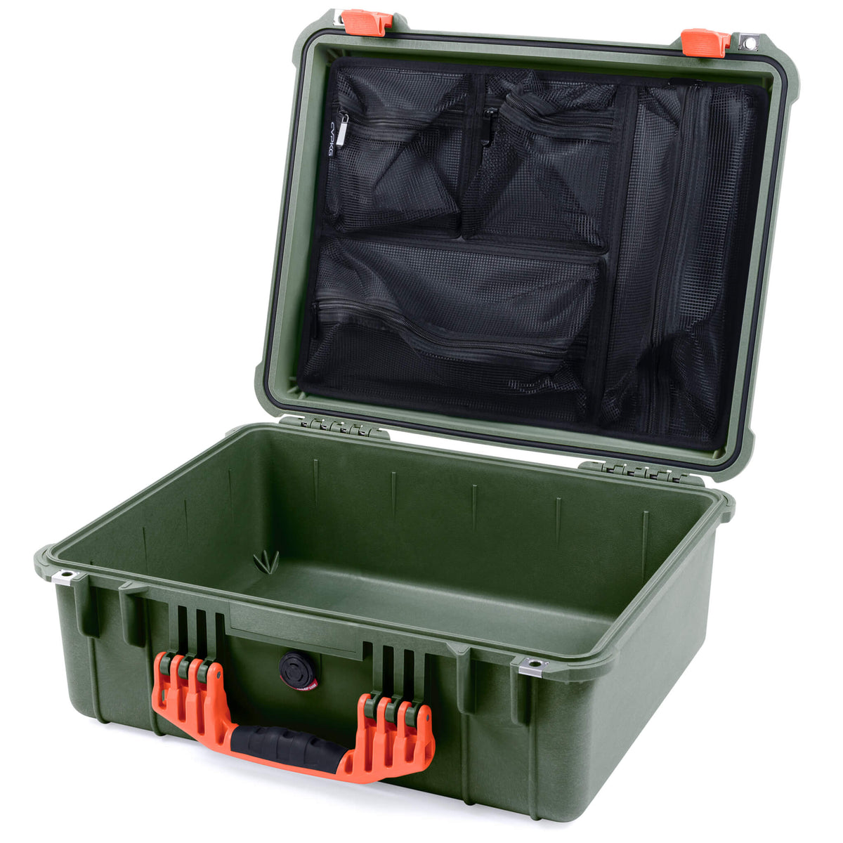 Pelican 1550 Case, OD Green with Orange Handle &amp; Latches Mesh Lid Organizer Only ColorCase 015500-0100-130-150