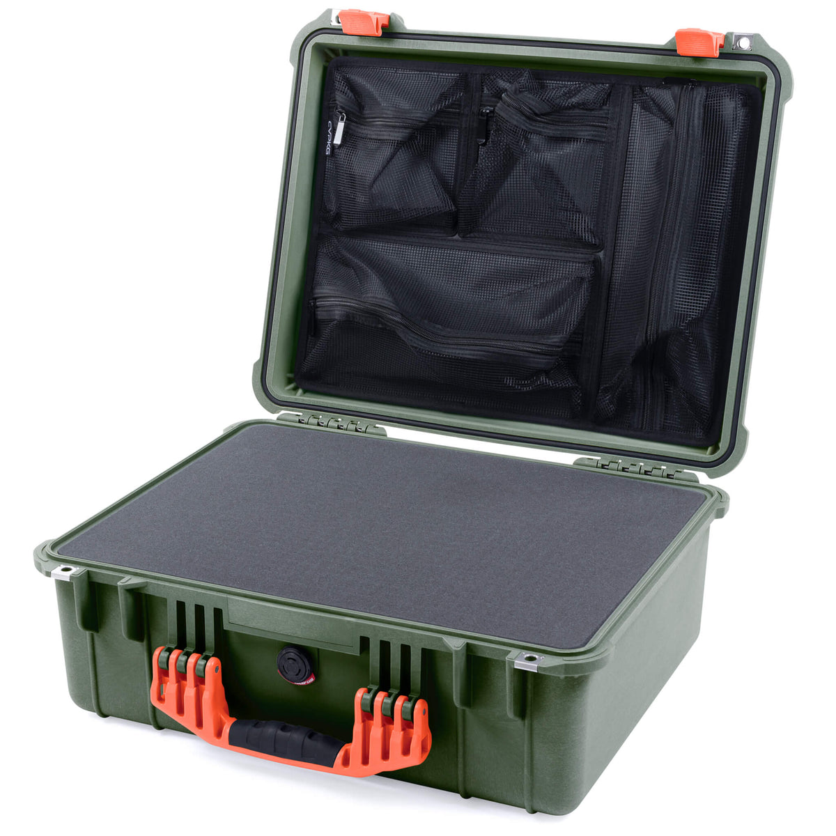 Pelican 1550 Case, OD Green with Orange Handle &amp; Latches Pick &amp; Pluck Foam with Mesh Lid Organizer ColorCase 015500-0101-130-150