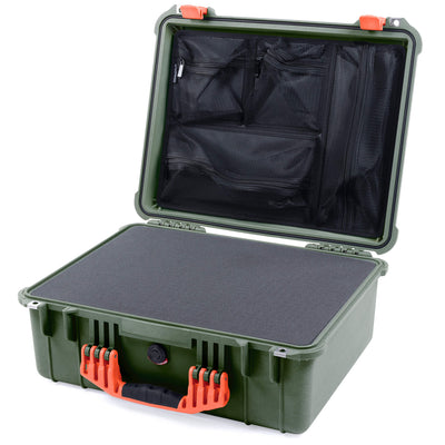 Pelican 1550 Case, OD Green with Orange Handle & Latches Pick & Pluck Foam with Mesh Lid Organizer ColorCase 015500-0101-130-150