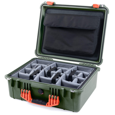 Pelican 1550 Case, OD Green with Orange Handle & Latches Gray Padded Microfiber Dividers with Computer Pouch ColorCase 015500-0270-130-150