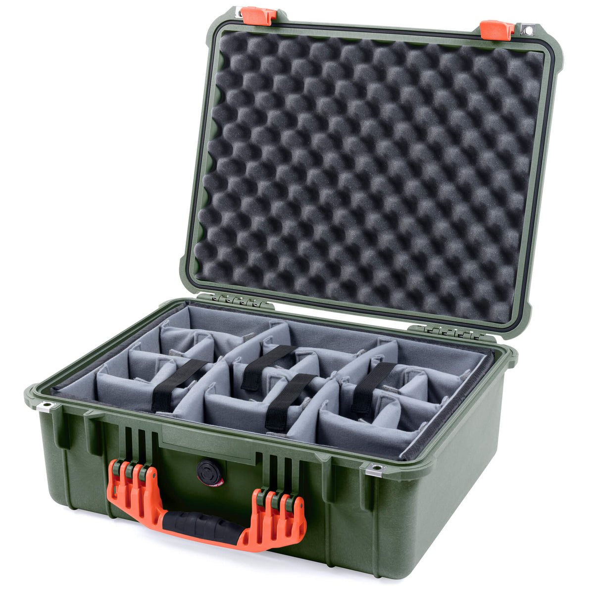 Pelican 1550 Case, OD Green with Orange Handle &amp; Latches Gray Padded Microfiber Dividers with Convolute Lid Foam ColorCase 015500-0070-130-150