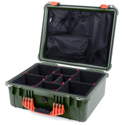 Pelican 1550 Case, OD Green with Orange Handle & Latches TrekPak Divider System with Mesh Lid Organizer ColorCase 015500-0120-130-150