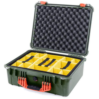 Pelican 1550 Case, OD Green with Orange Handle & Latches Yellow Padded Microfiber Dividers with Convolute Lid Foam ColorCase 015500-0010-130-150