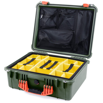 Pelican 1550 Case, OD Green with Orange Handle & Latches Yellow Padded Microfiber Dividers with Mesh Lid Organizer ColorCase 015500-0110-130-150