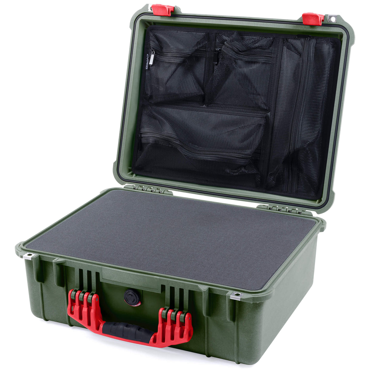 Pelican 1550 Case, OD Green with Red Handle &amp; Latches Pick &amp; Pluck Foam with Mesh Lid Organizer ColorCase 015500-0101-130-320