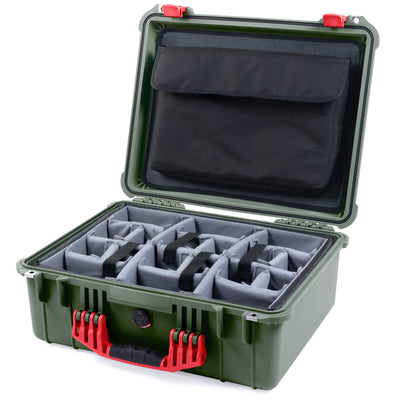 Pelican 1550 Case, OD Green with Red Handle & Latches Gray Padded Microfiber Dividers with Computer Pouch ColorCase 015500-0270-130-320