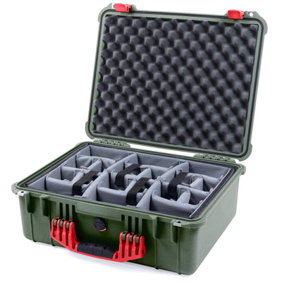 Pelican 1550 Case, OD Green with Red Handle & Latches Gray Padded Microfiber Dividers with Convolute Lid Foam ColorCase 015500-0070-130-320