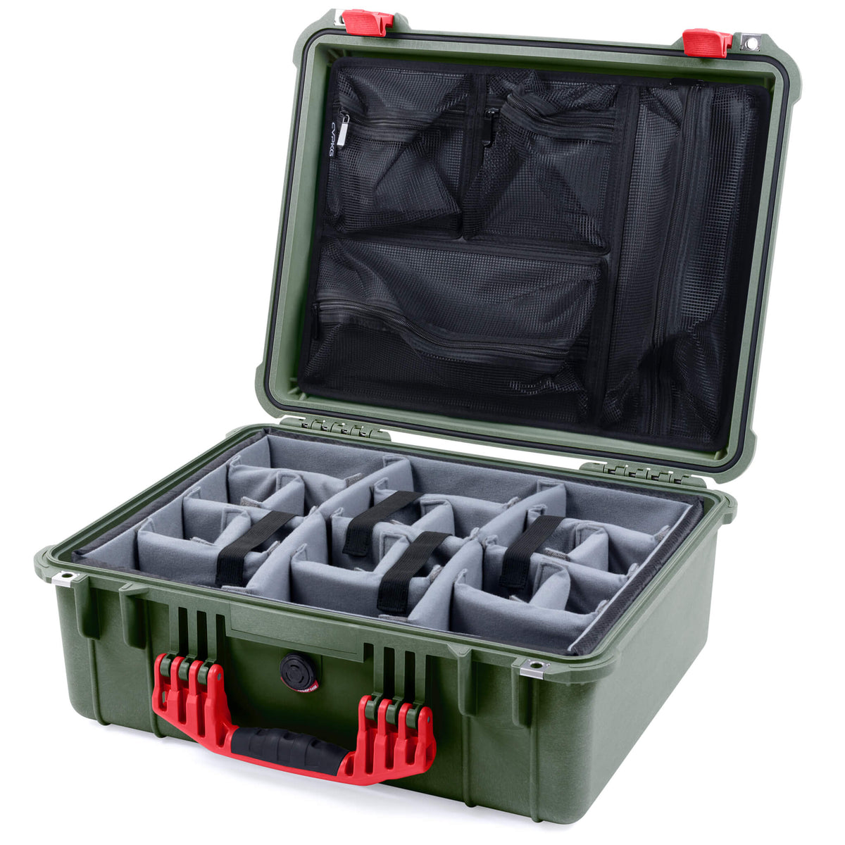 Pelican 1550 Case, OD Green with Red Handle &amp; Latches Gray Padded Microfiber Dividers with Mesh Lid Organizer ColorCase 015500-0170-130-320