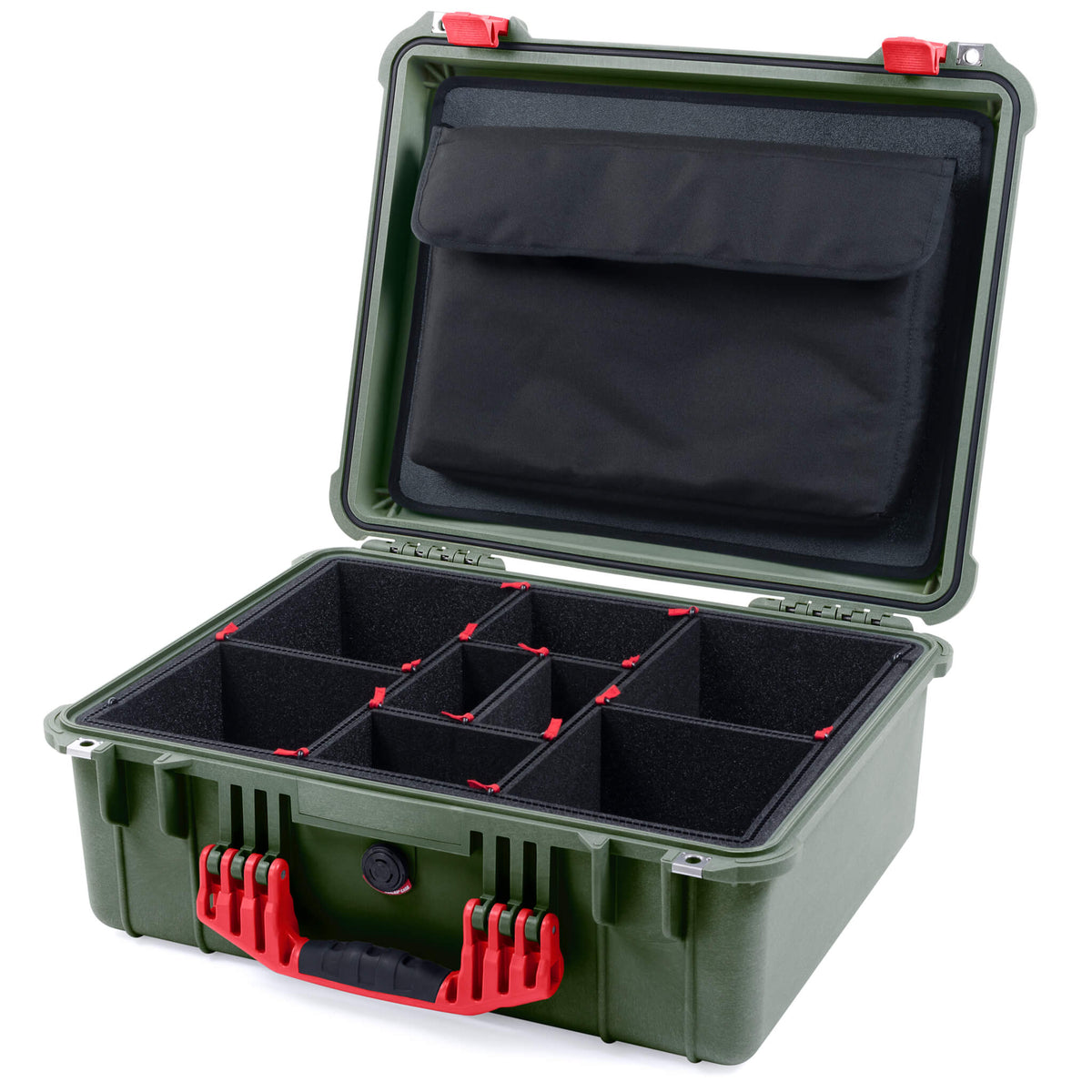 Pelican 1550 Case, OD Green with Red Handle &amp; Latches TrekPak Divider System with Computer Pouch ColorCase 015500-0220-130-320