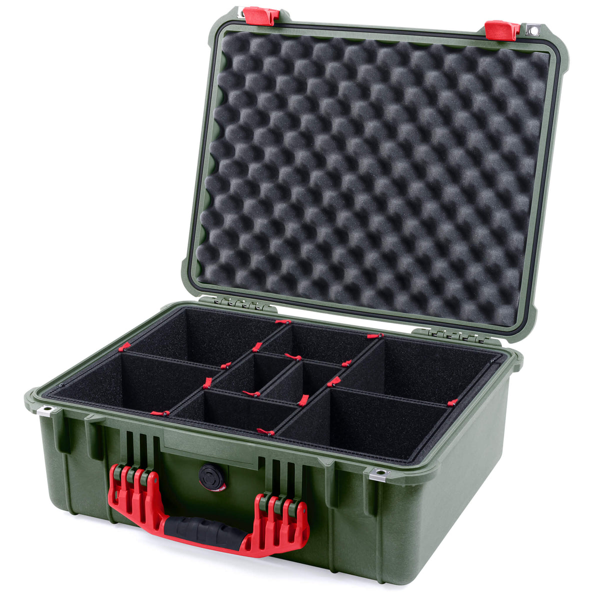 Pelican 1550 Case, OD Green with Red Handle &amp; Latches TrekPak Divider System with Convolute Lid Foam ColorCase 015500-0020-130-320