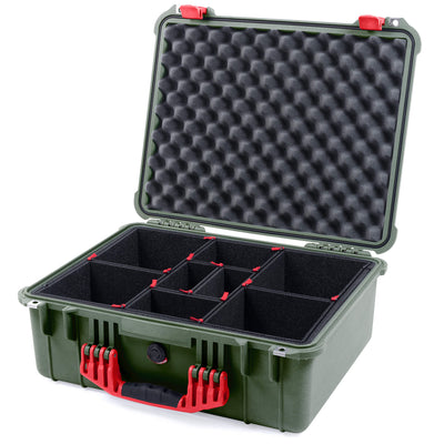 Pelican 1550 Case, OD Green with Red Handle & Latches TrekPak Divider System with Convolute Lid Foam ColorCase 015500-0020-130-320