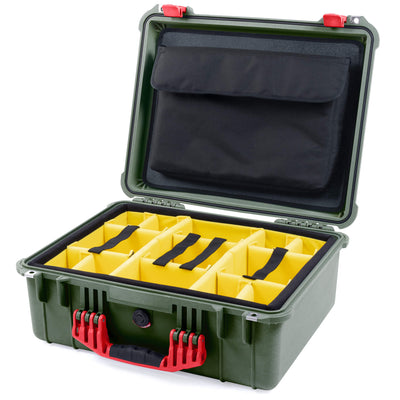 Pelican 1550 Case, OD Green with Red Handle & Latches Yellow Padded Microfiber Dividers with Computer Pouch ColorCase 015500-0210-130-320