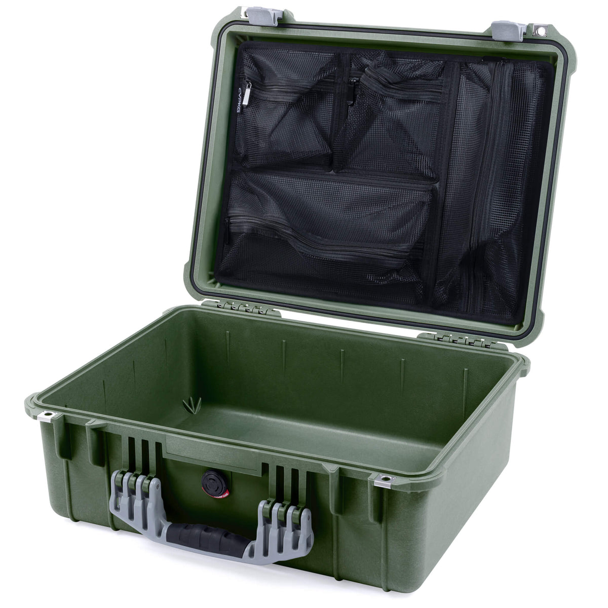 Pelican 1550 Case, OD Green with Silver Handle &amp; Latches Mesh Lid Organizer Only ColorCase 015500-0100-130-180