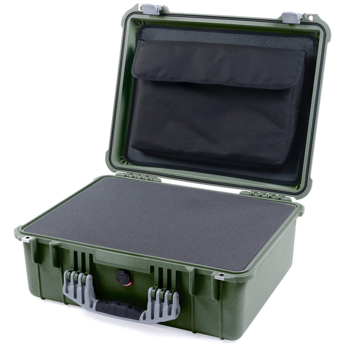 Pelican 1550 Case, OD Green with Silver Handle &amp; Latches Pick &amp; Pluck Foam with Computer Pouch ColorCase 015500-0201-130-180