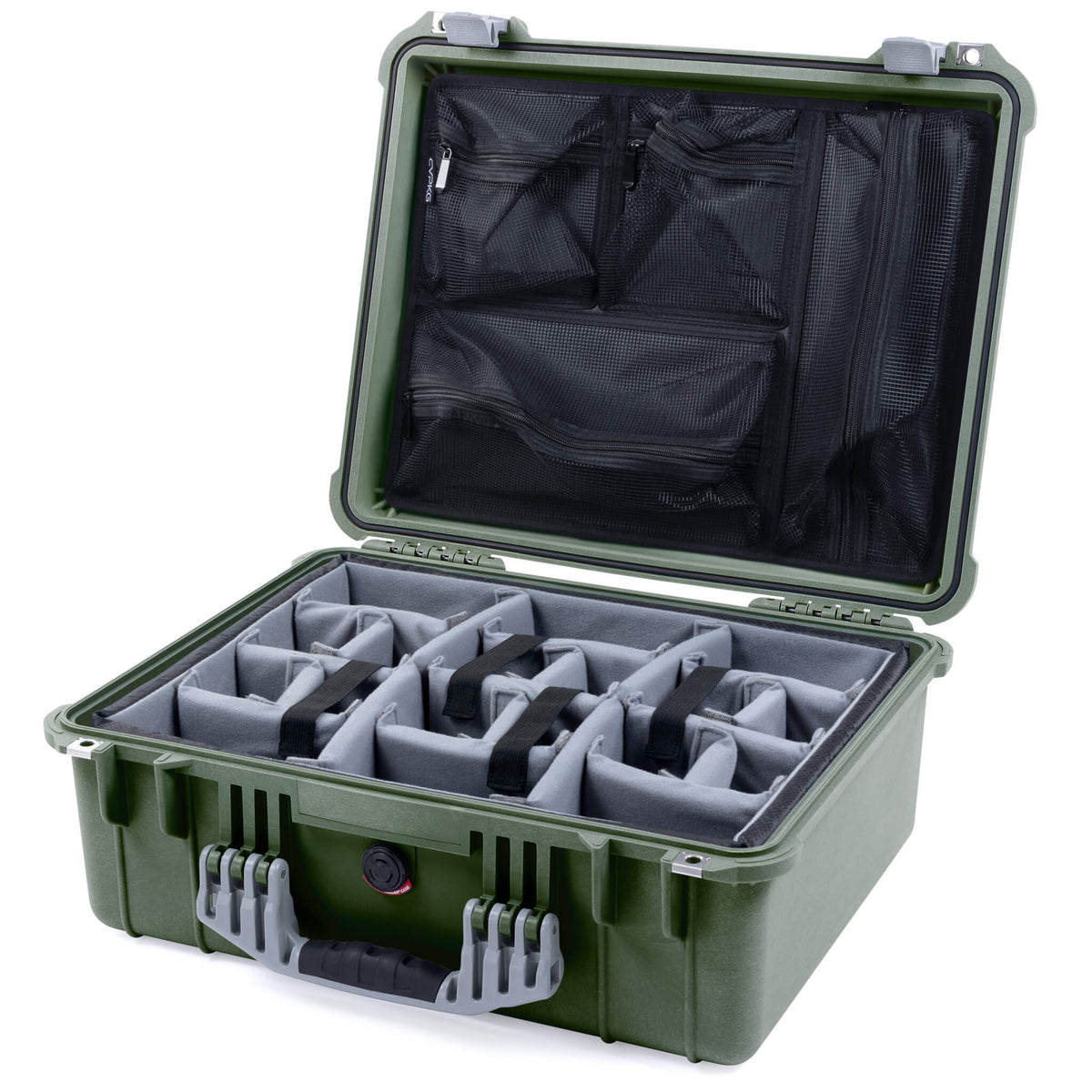 Pelican 1550 Case, OD Green with Silver Handle &amp; Latches Gray Padded Microfiber Dividers with Mesh Lid Organizer ColorCase 015500-0170-130-180
